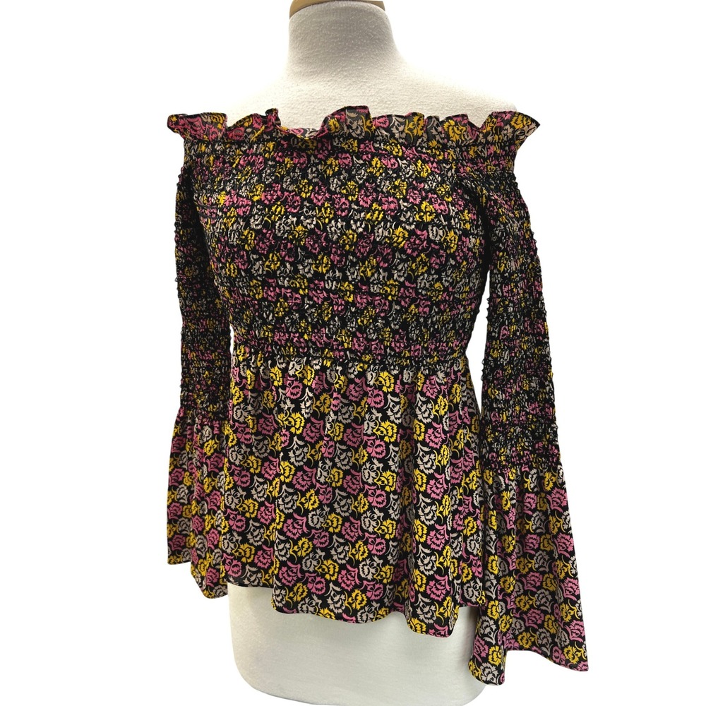 A.L.C. Silk Smocked Blouse Womens 4 Black Pink Yellow‎ Floral Off Shoulder Top
